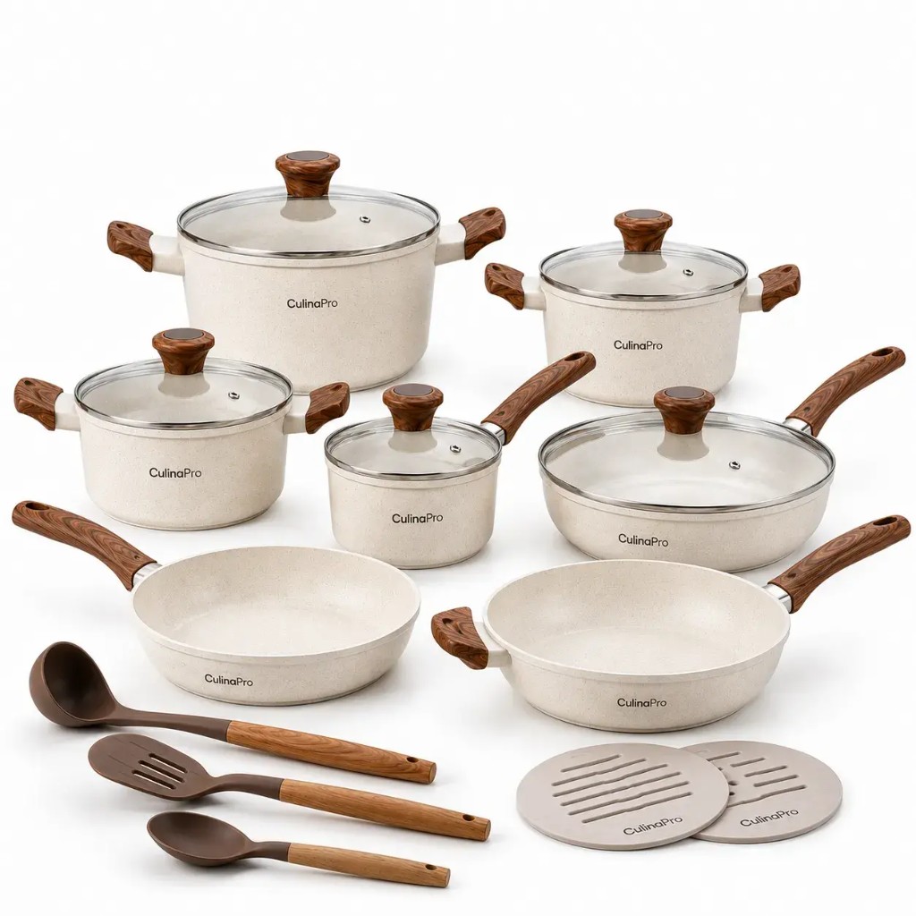 CulinaPro set pentole effetto pietra crema con manici legno